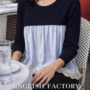 🌸English Factory Navy and Light Blue Striped Mixed-Media Women's Top size S